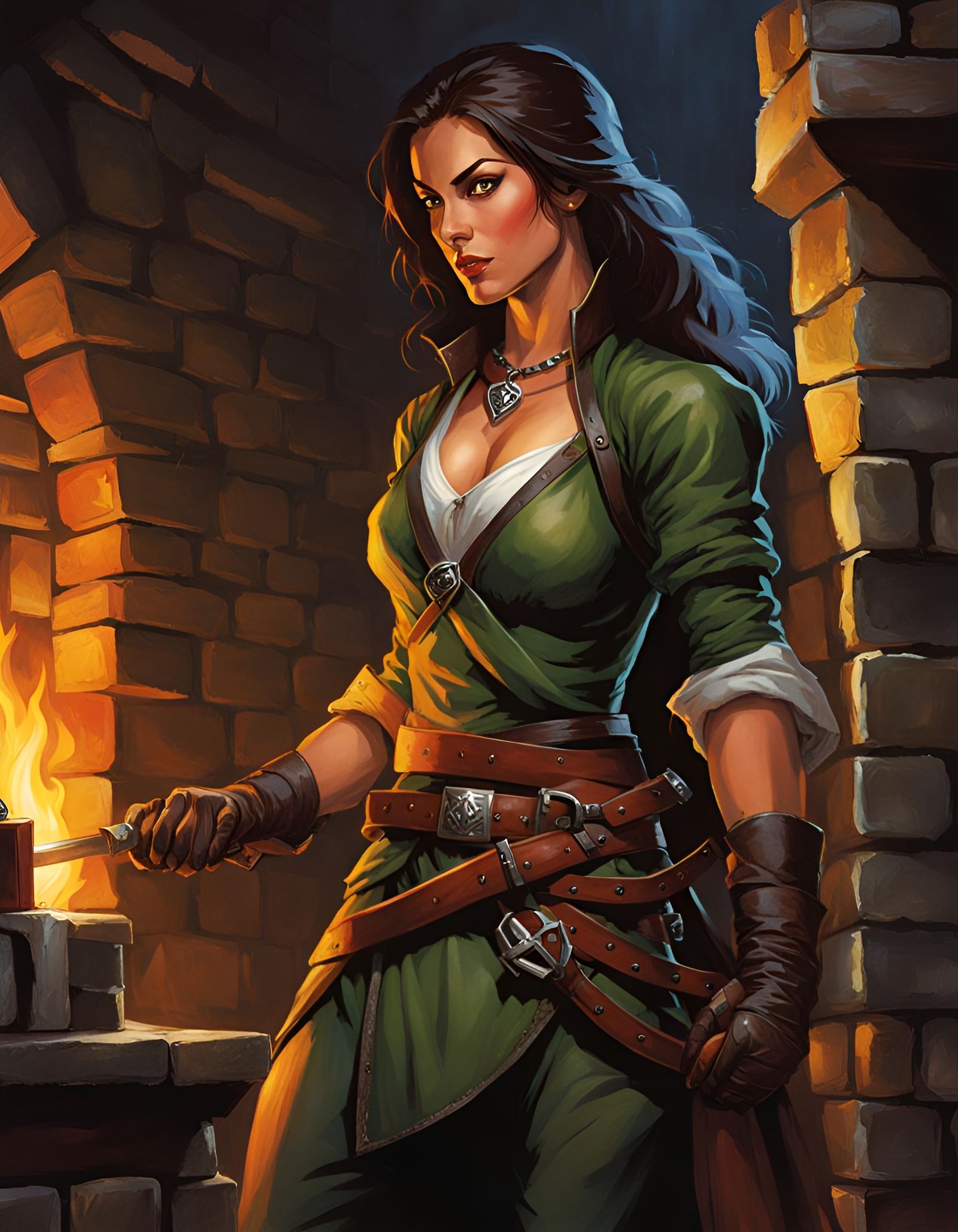 Female Rogue Picking a Lock in a Dungeon