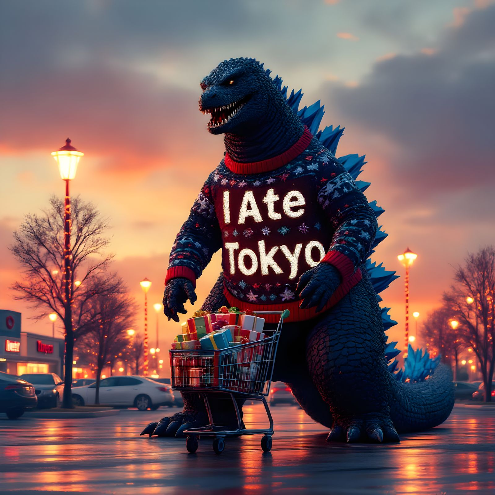 Godzilla in Tiny Christmas Sweater at Target Parking Lot