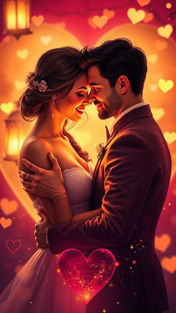 Golden Hued Romantic Couple in Heart-Shaped Frame