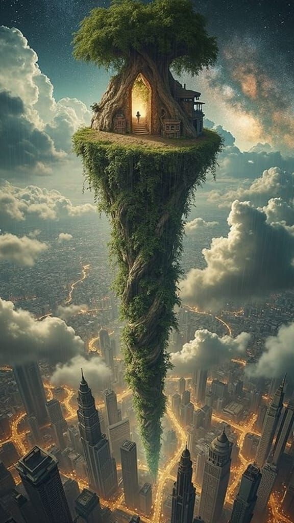 Fantasy Beanstalk to Cloud Village, Surrealist Masterpiece