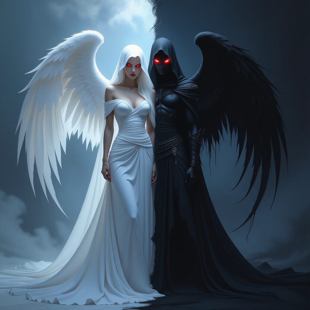 Dual Persona Angel in Dramatic Lighting
