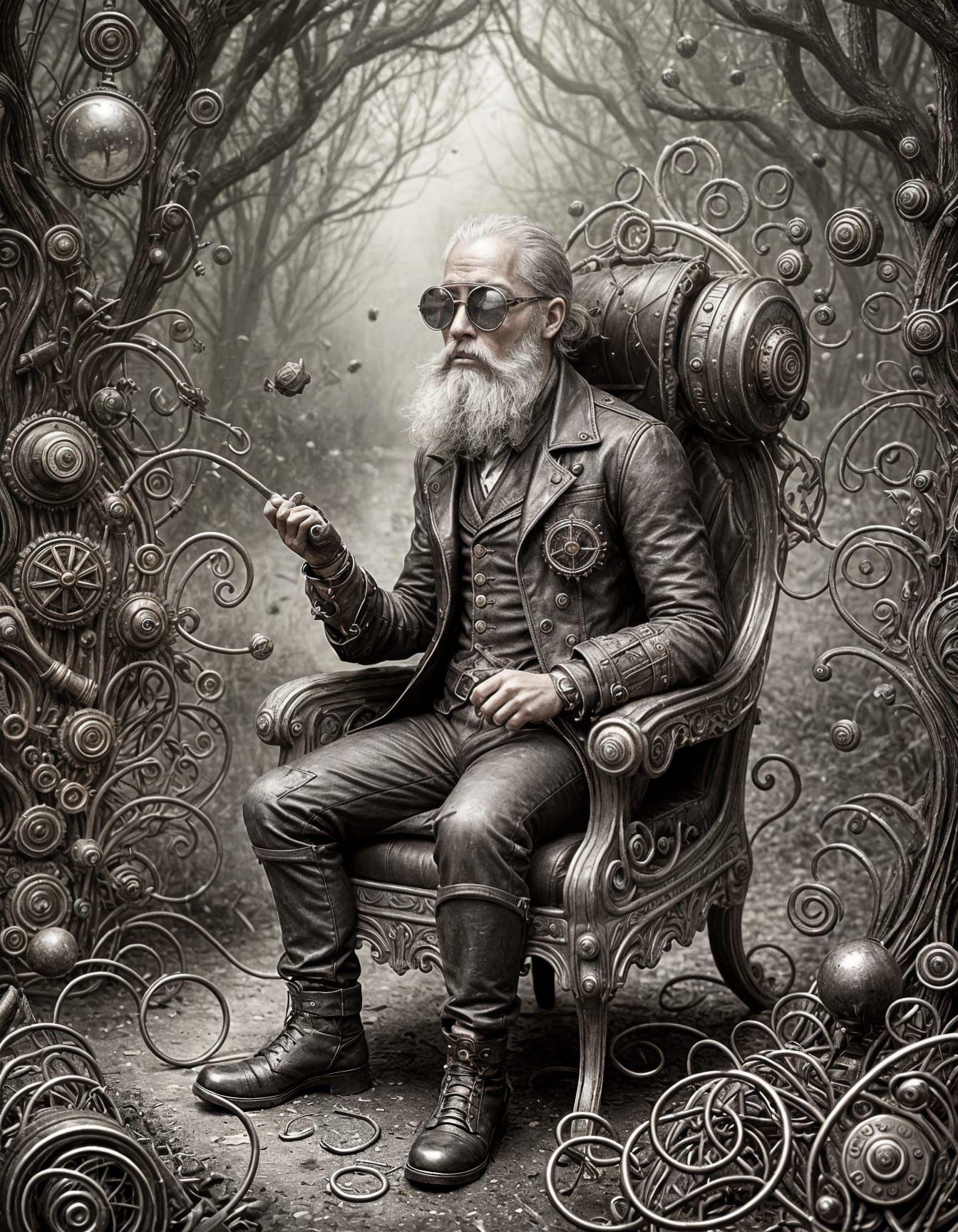 Steampunk Android Lost on Country Road in Dürer Style