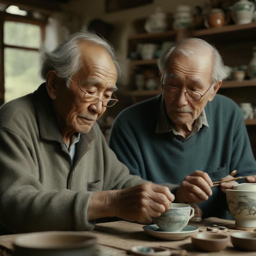 Craftsman Paints Teacup in Earthy Realism Style