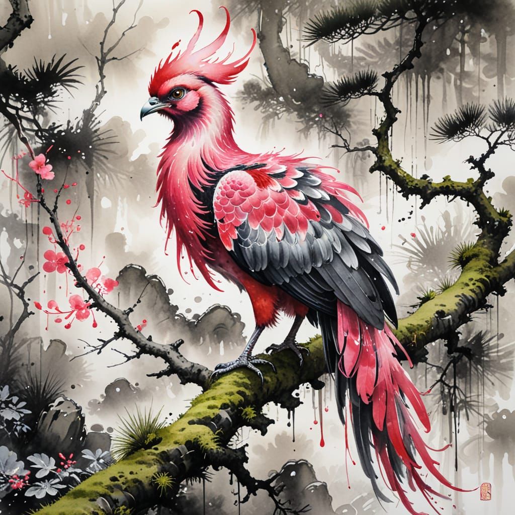 Pink Phoenix on Mossy Branch in Chinese Ink Wash Style