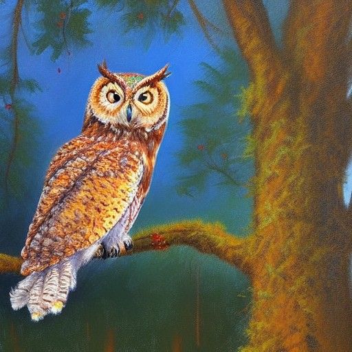 Colorful Owl on Branch as Oil Painting