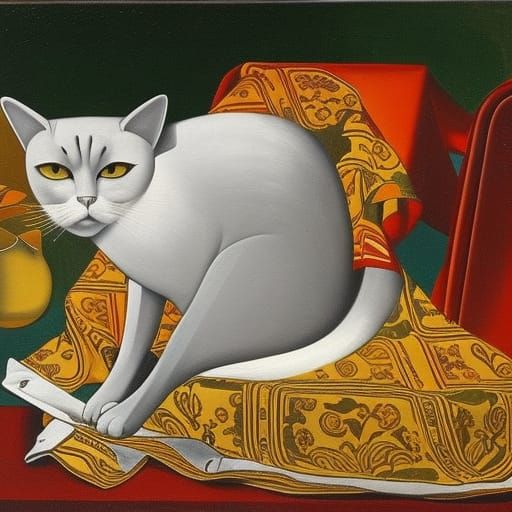 Cat Reclining Peacefully with Handkerchief, Surreal Art