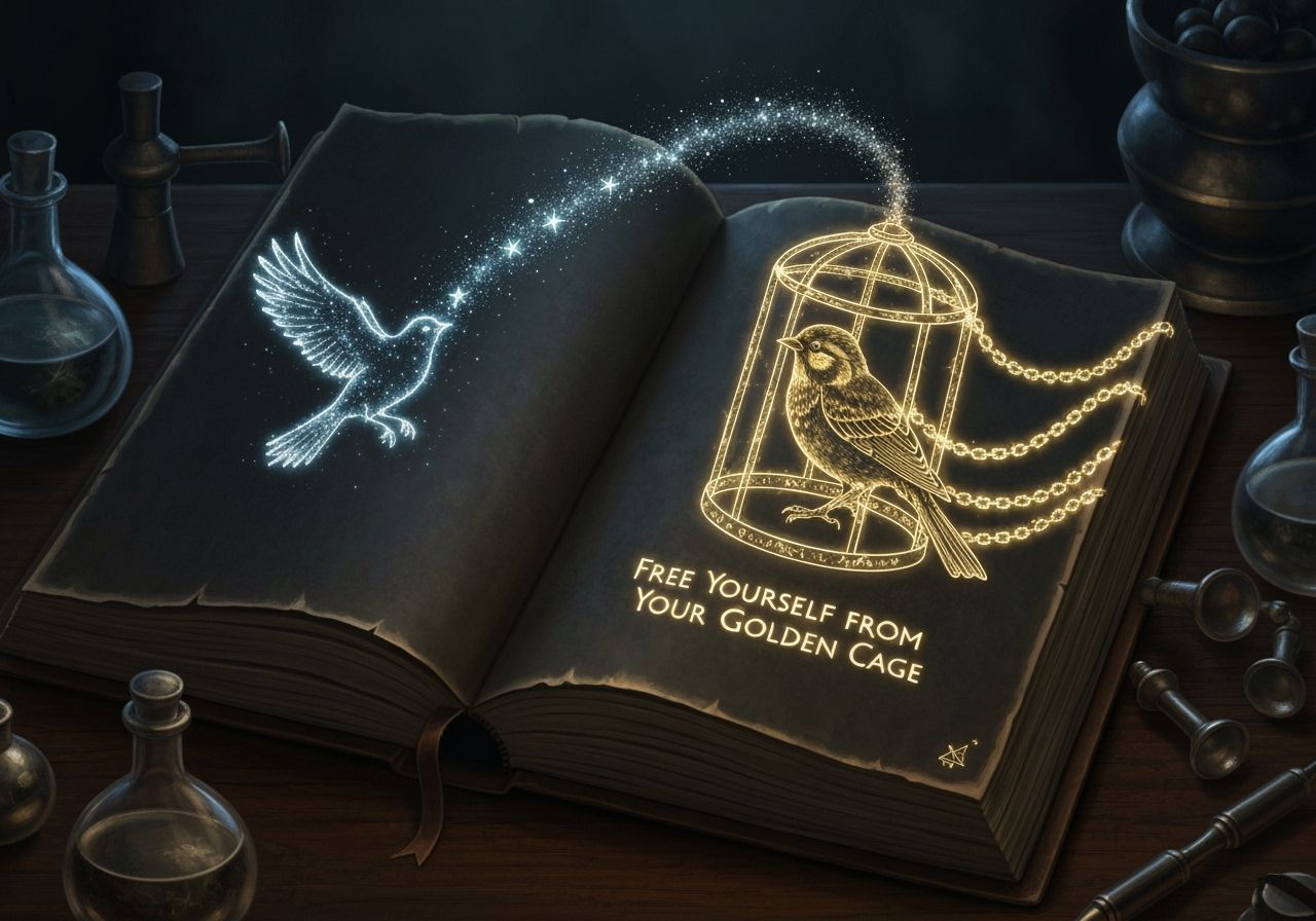 Magical Grimoire Page: Starlight Bird Escapes Golden Cage
