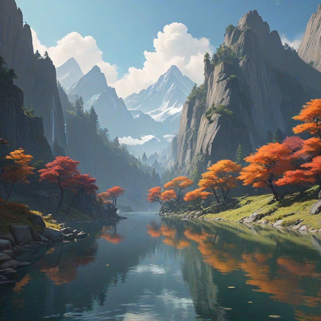Surreal Impressionist Anime Landscape with Majestic Mountain...