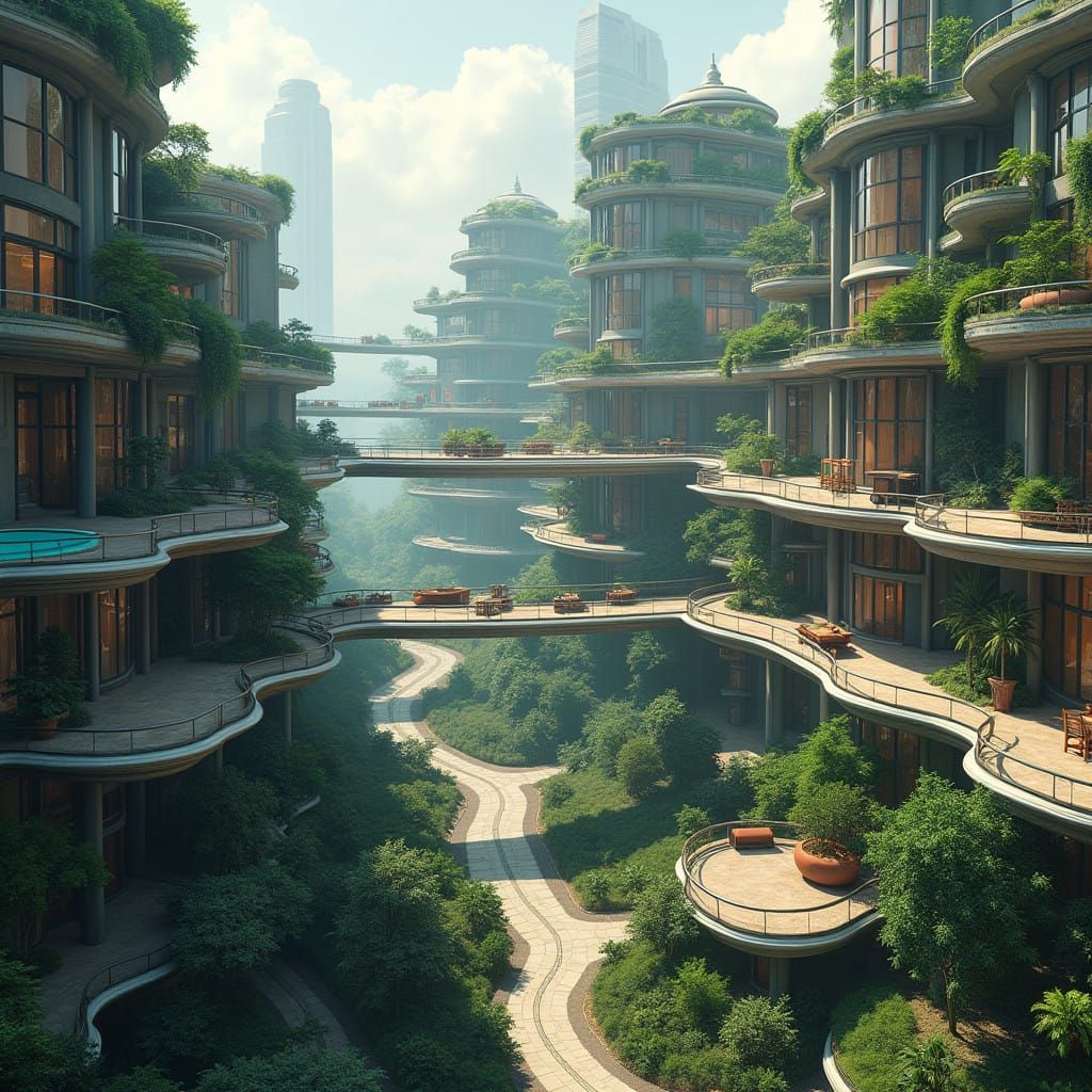 Futuristic Metropolis with Interconnected Buildings and Verd...