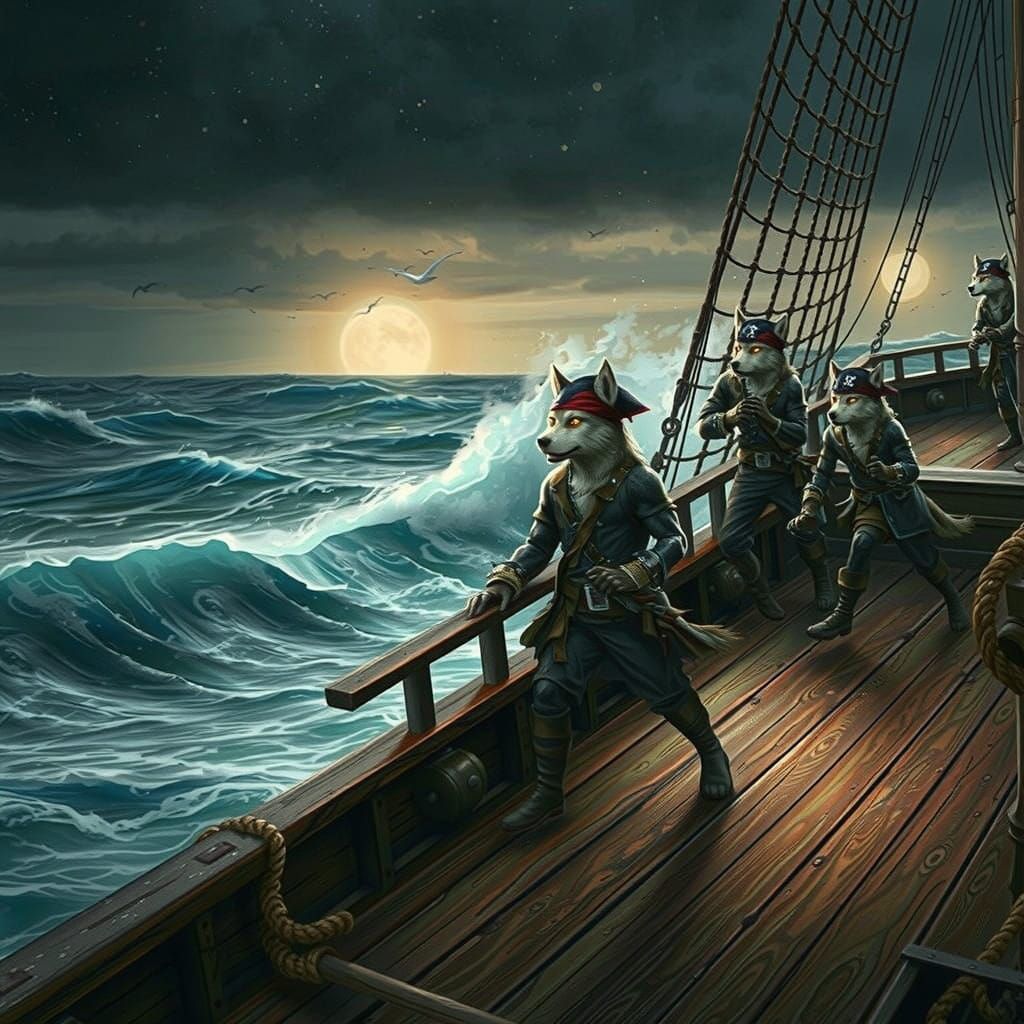 Ancient Pirate Ship Battles Tempest in Dark, Gritty Seascape