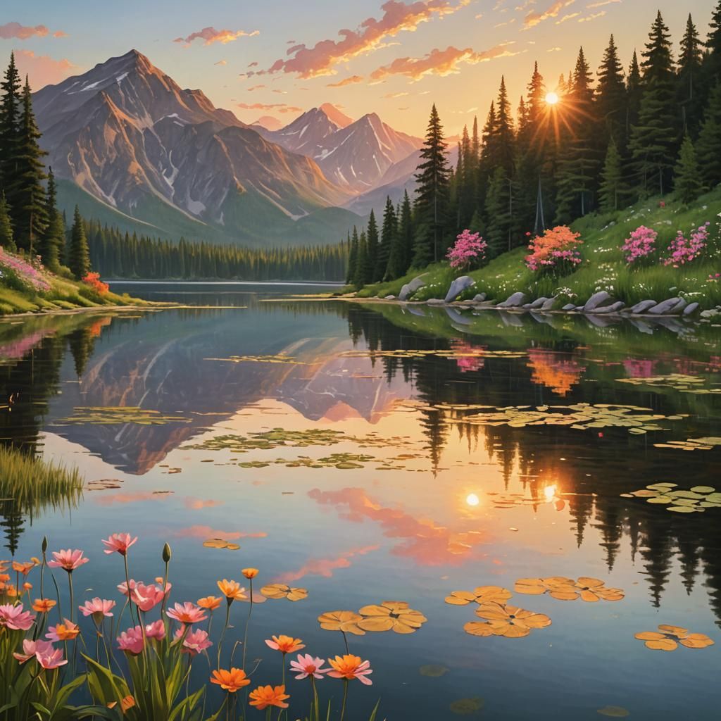 Sunset Reflection on Calm Mountain Lake