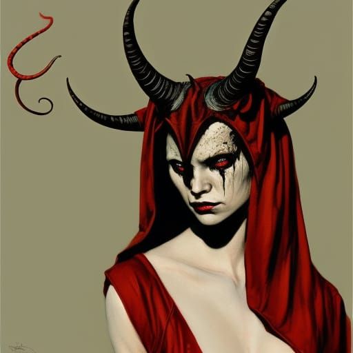 Hooded Horned Tiefling in Surreal Inkpunk Style