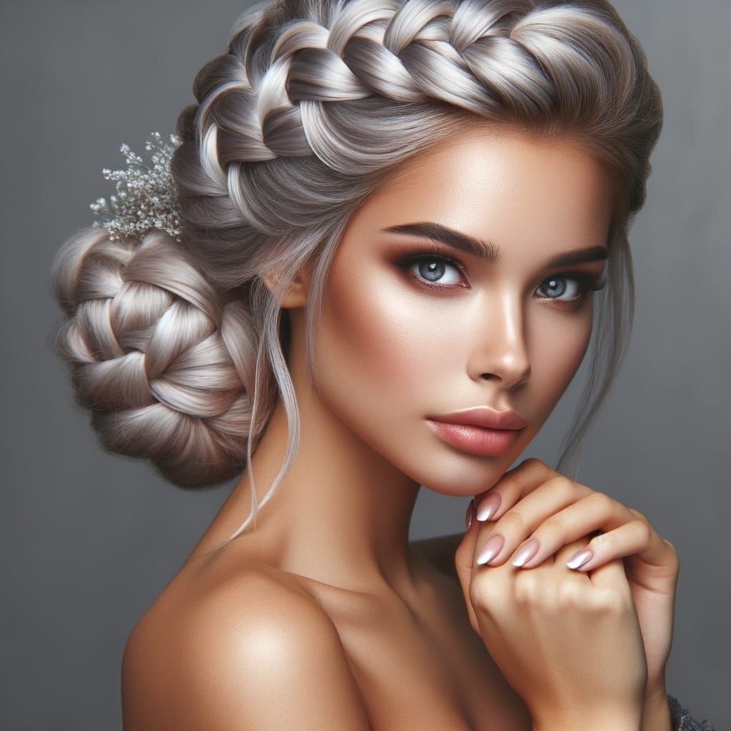 Elegant Woman with Braided White Hair Updo