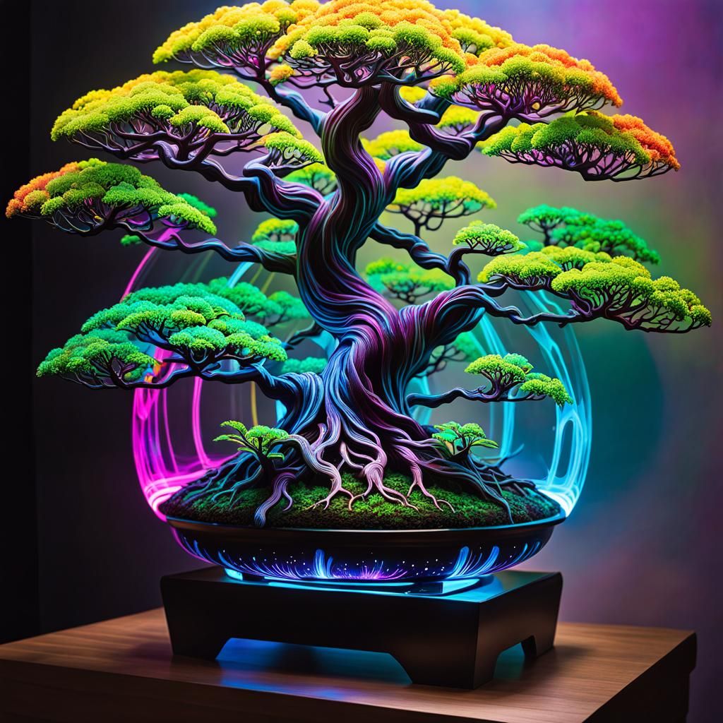 Glowing Multicolored Alien Bonsai Tree in Graffiti Style