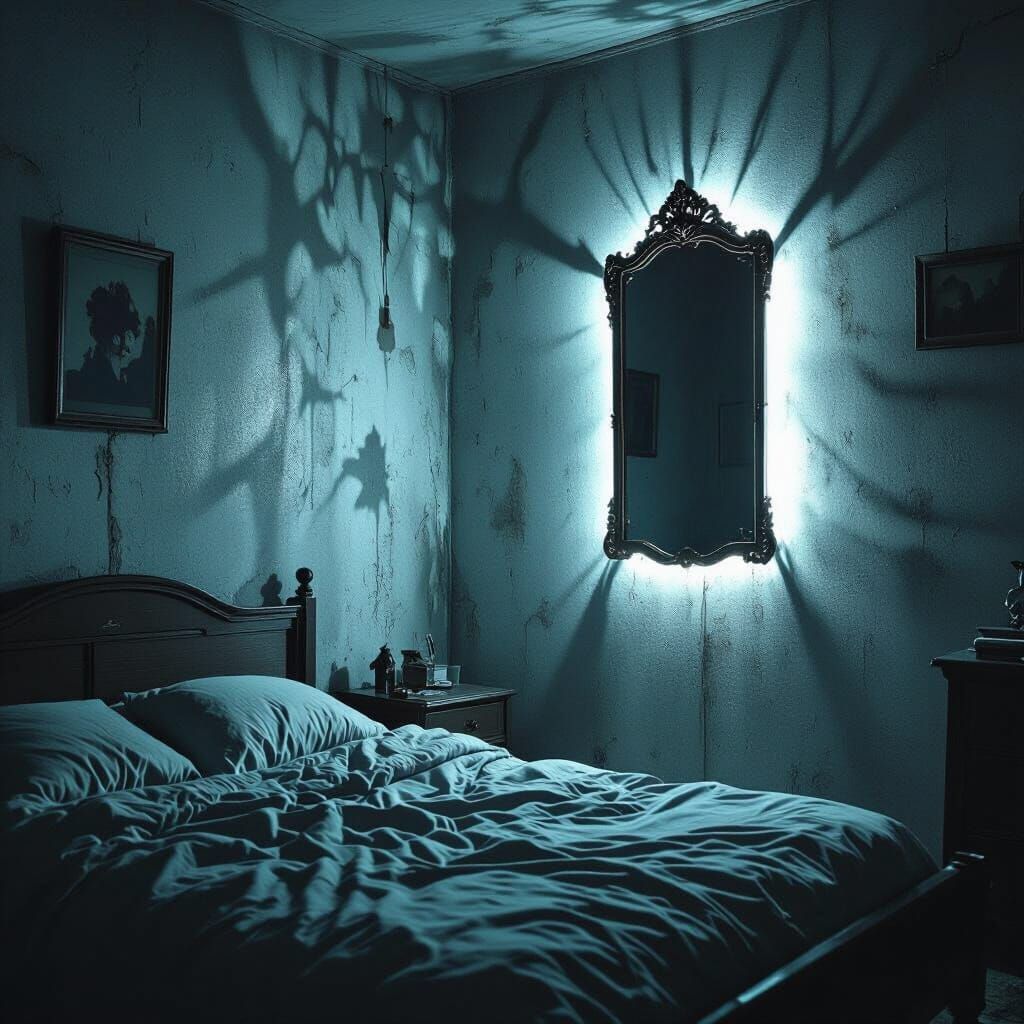 Eerie Haunted Bedroom with Glowing Mirror