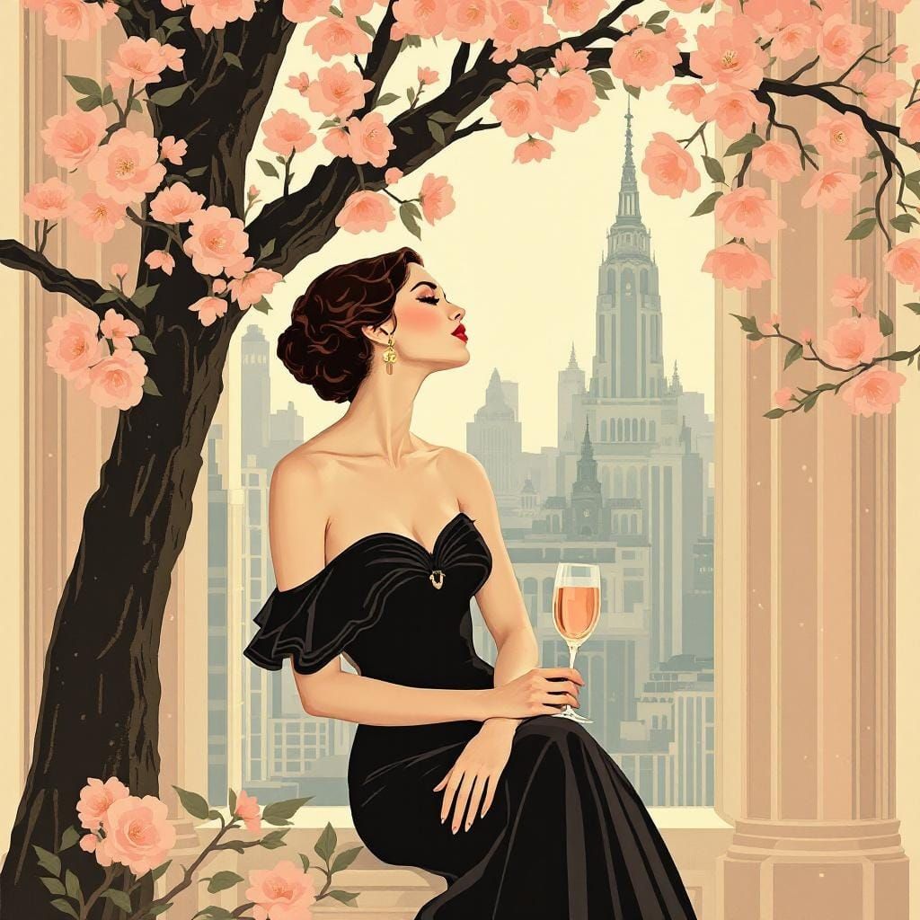 Woman Before City, Art Deco Illustration