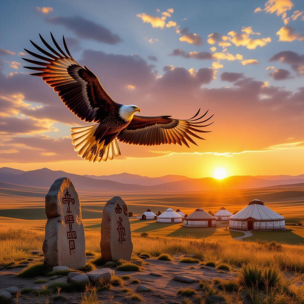Golden Eagle Soars Over Steppe in Traditional Kazakh Art Sty...