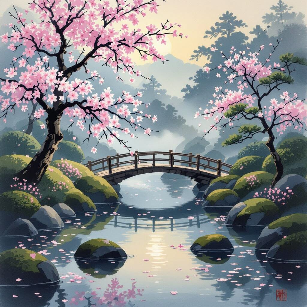 Japanese Garden at Dawn in Sumi-e Style