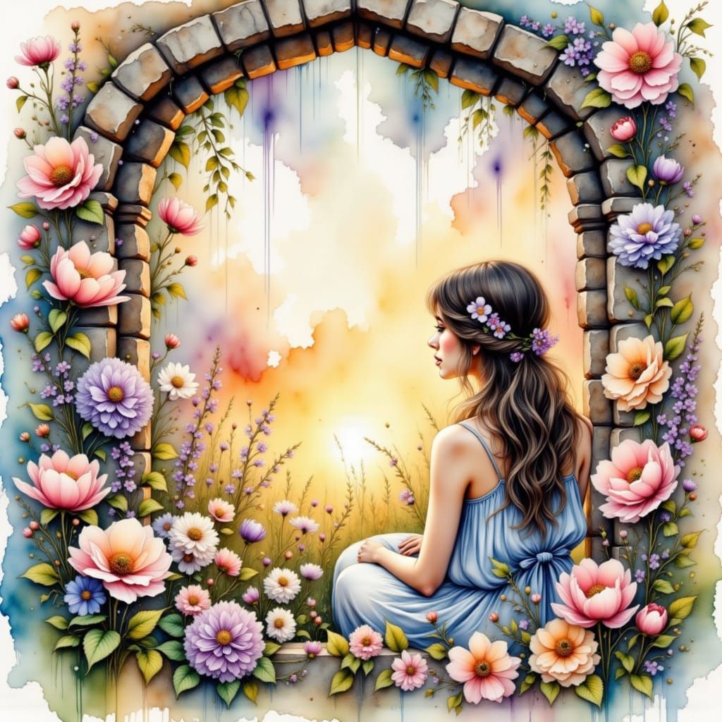 Woman at Arched Window in Watercolor Style