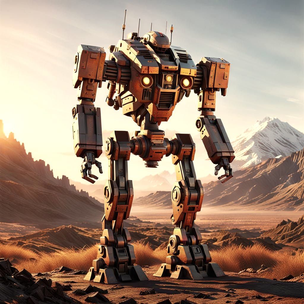 Rusty Sci-Fi Mech Stares at Sunrise in 8K