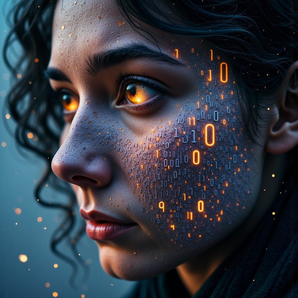 Surreal Man Splits Into Photorealism and Digital Code