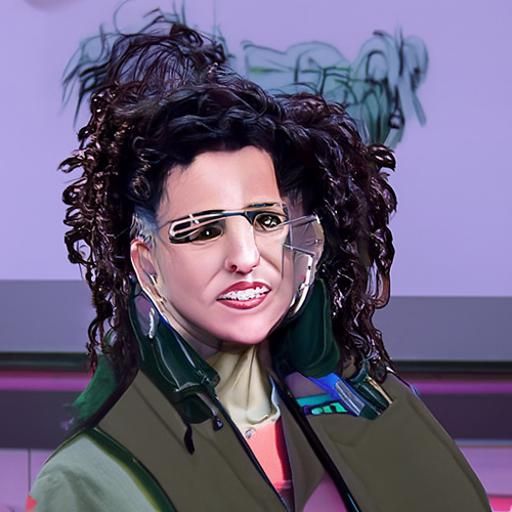 Cyberpunk Elaine Benes in Futuristic Cityscape