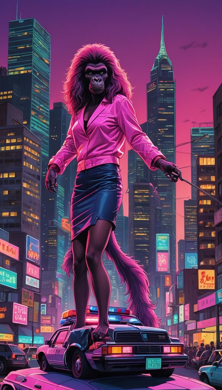 Neon 80s Gorilla Illustration on Police Car