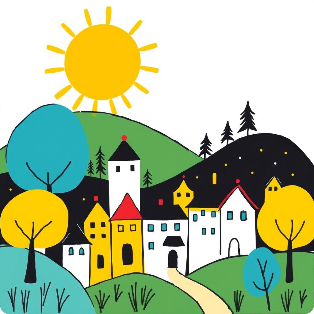 Colorful Doodle Town with Trees and Sun