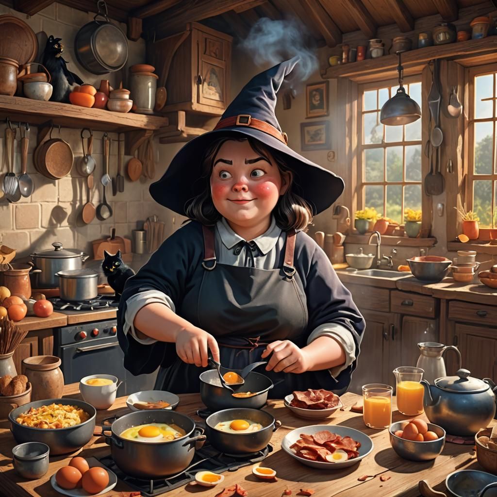 Whimsical Witch Makes Breakfast in Cozy Kitchen