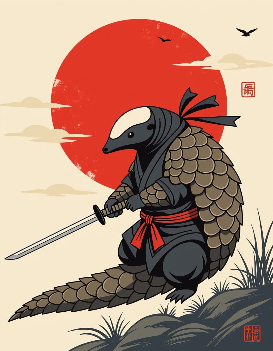 Ninja Pangolin in Sumi-e Style with Red Sun