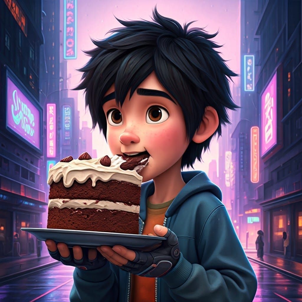 Hiro Hamada Eats Cake in Futuristic Cityscape