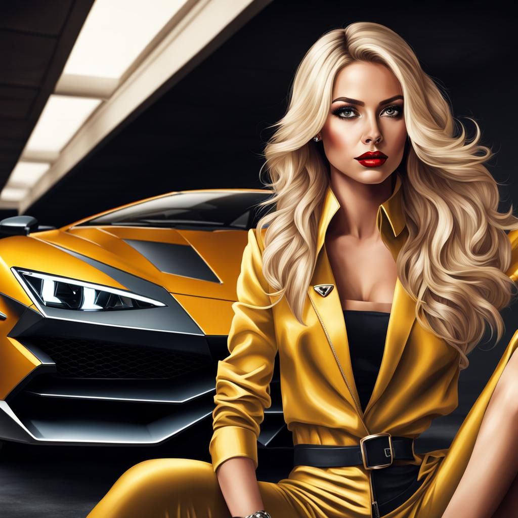 Glamorous Blonde in Lamborghini: High-Fashion Photo