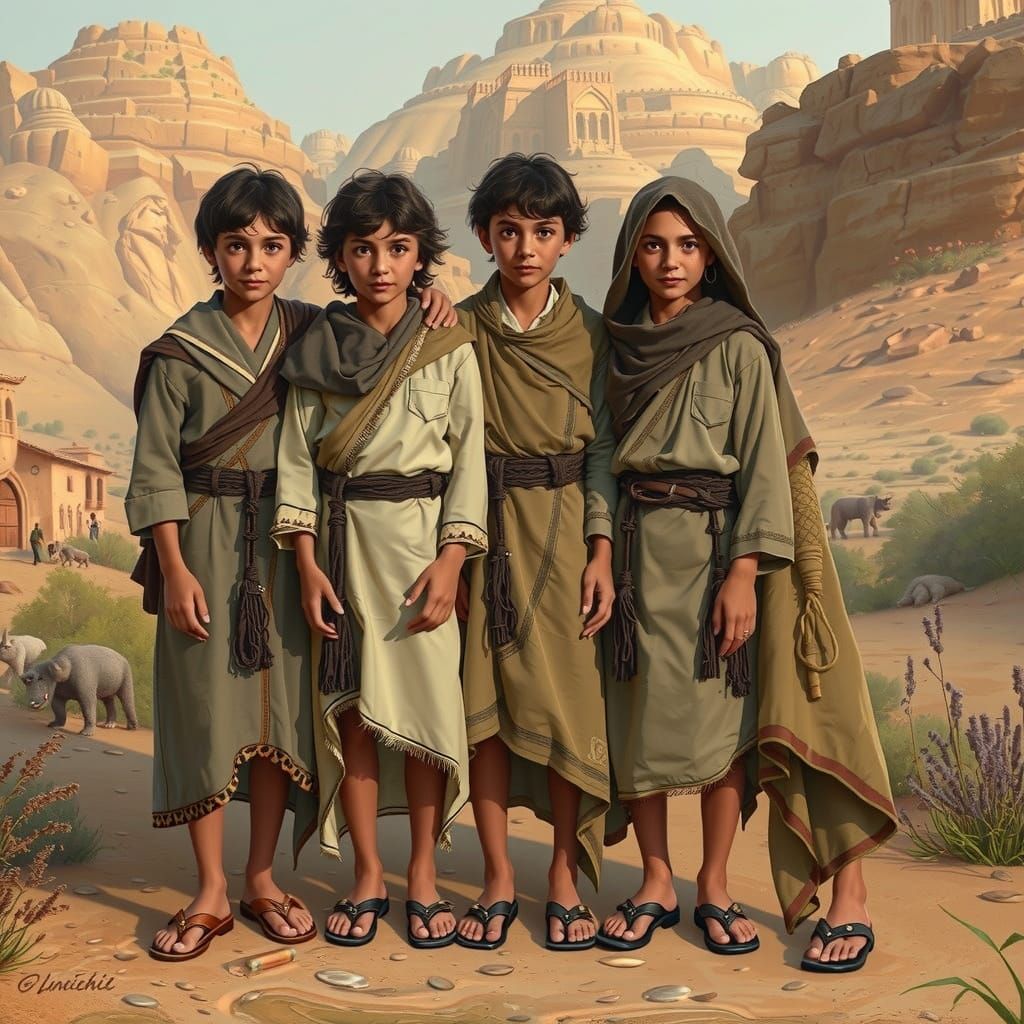 Four Young Judean Brothers in Serene Ancient Landscape