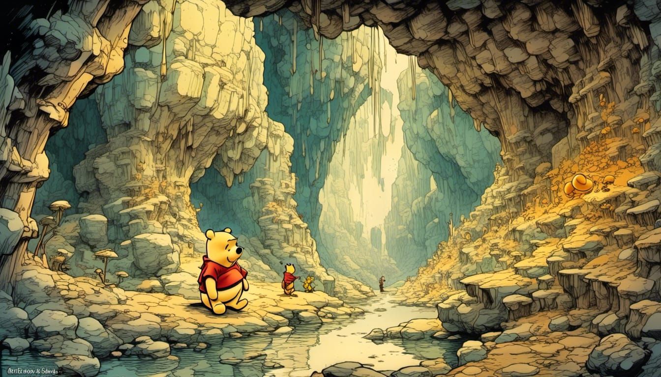 Winnie the Pooh in Honey Cave: Cartoon Watercolour