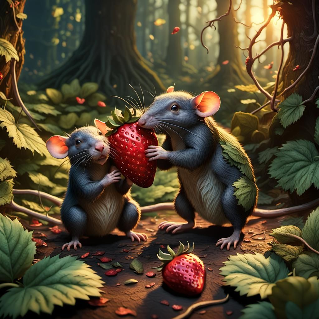 Rats Carry Strawberry: Matte Painting in Fantasy Forest