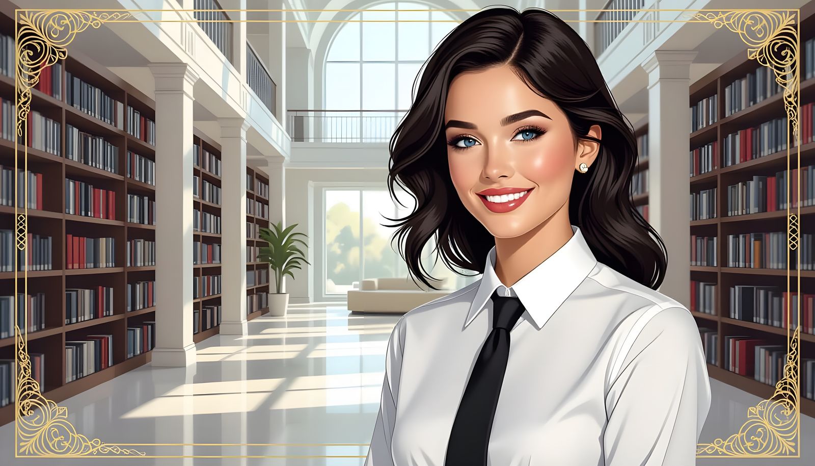 Smiling Woman in Library Wearing Kentucky Tie