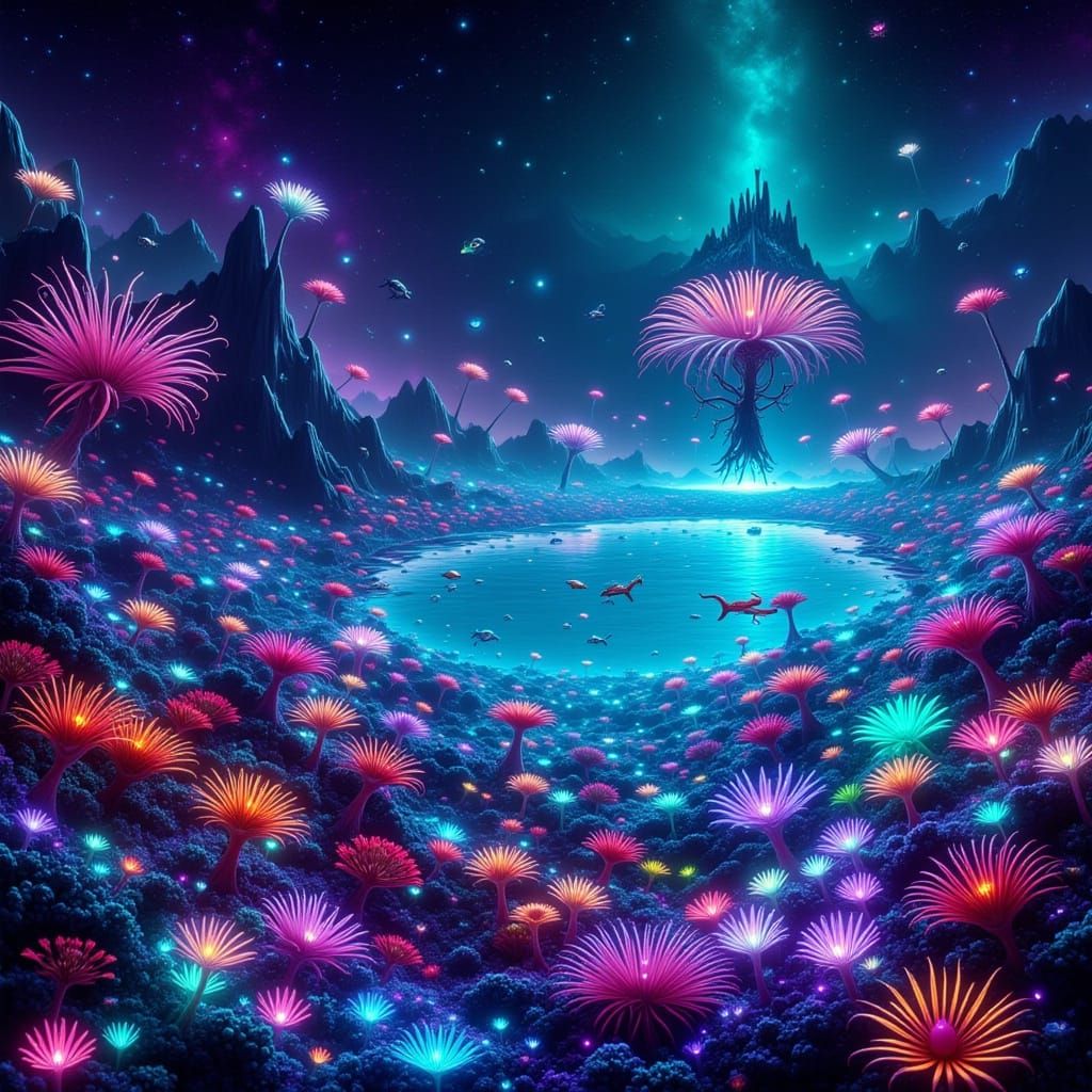 Bioluminescent Alien Coral Reef with Fantastical Sea Life