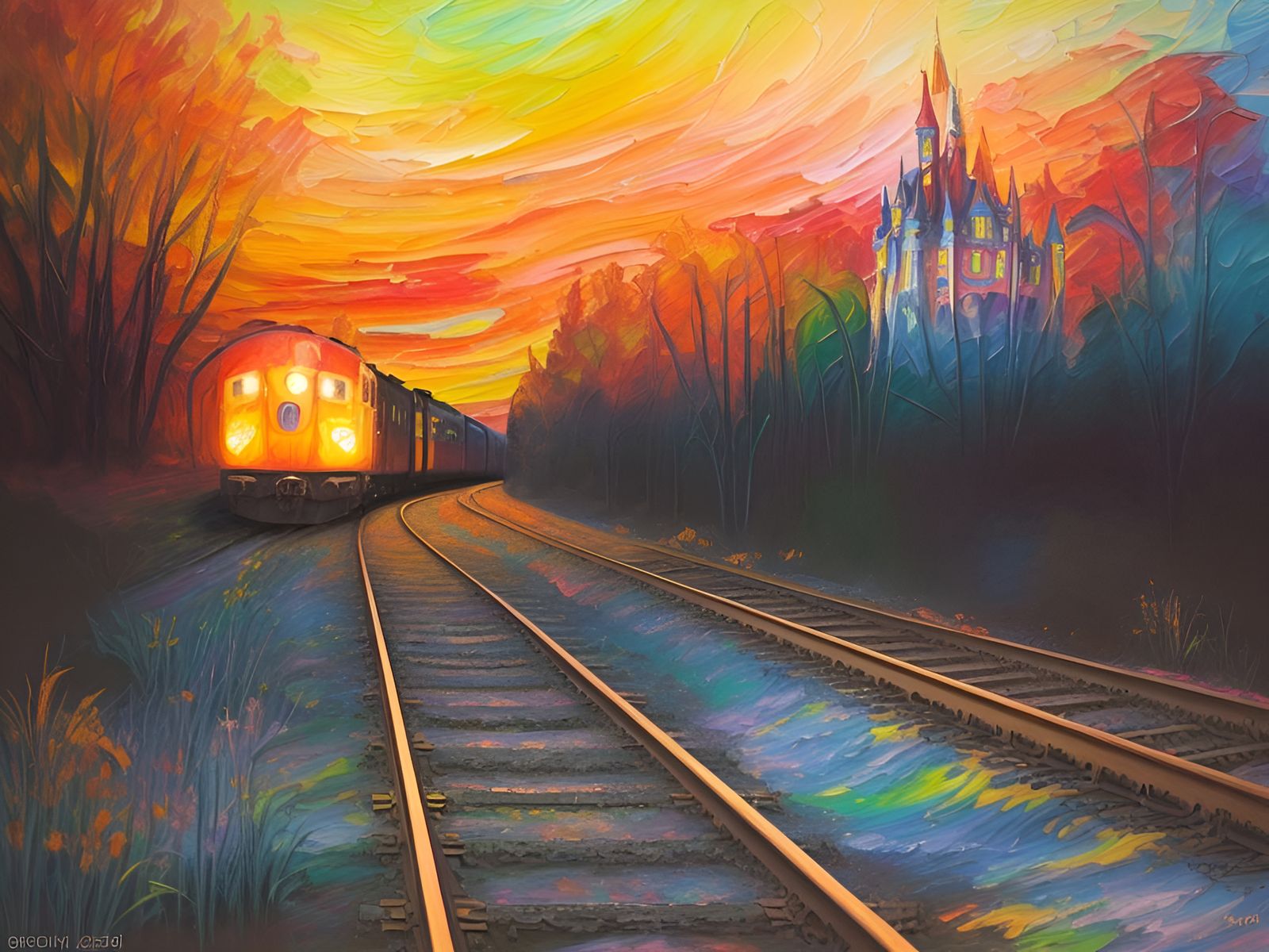 Psychedelic Castle on Train Route: Expressionist Oil Paintin...