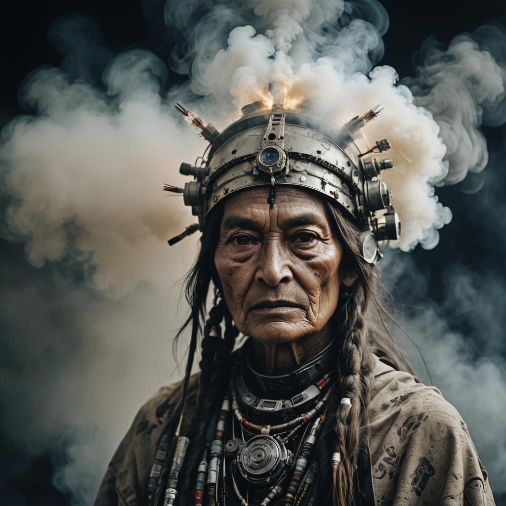 Sitting Bull and Robotic Woman Portrait