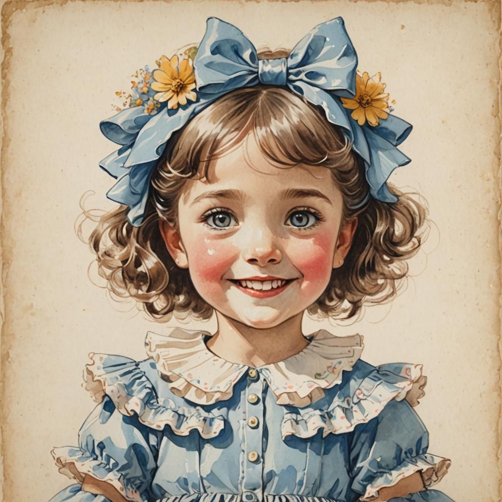 Whimsical Drawing of Little Lady in Blue Attire