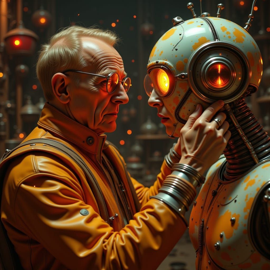 Elderly Engineer Repairs Robot in Nostalgic Workshop