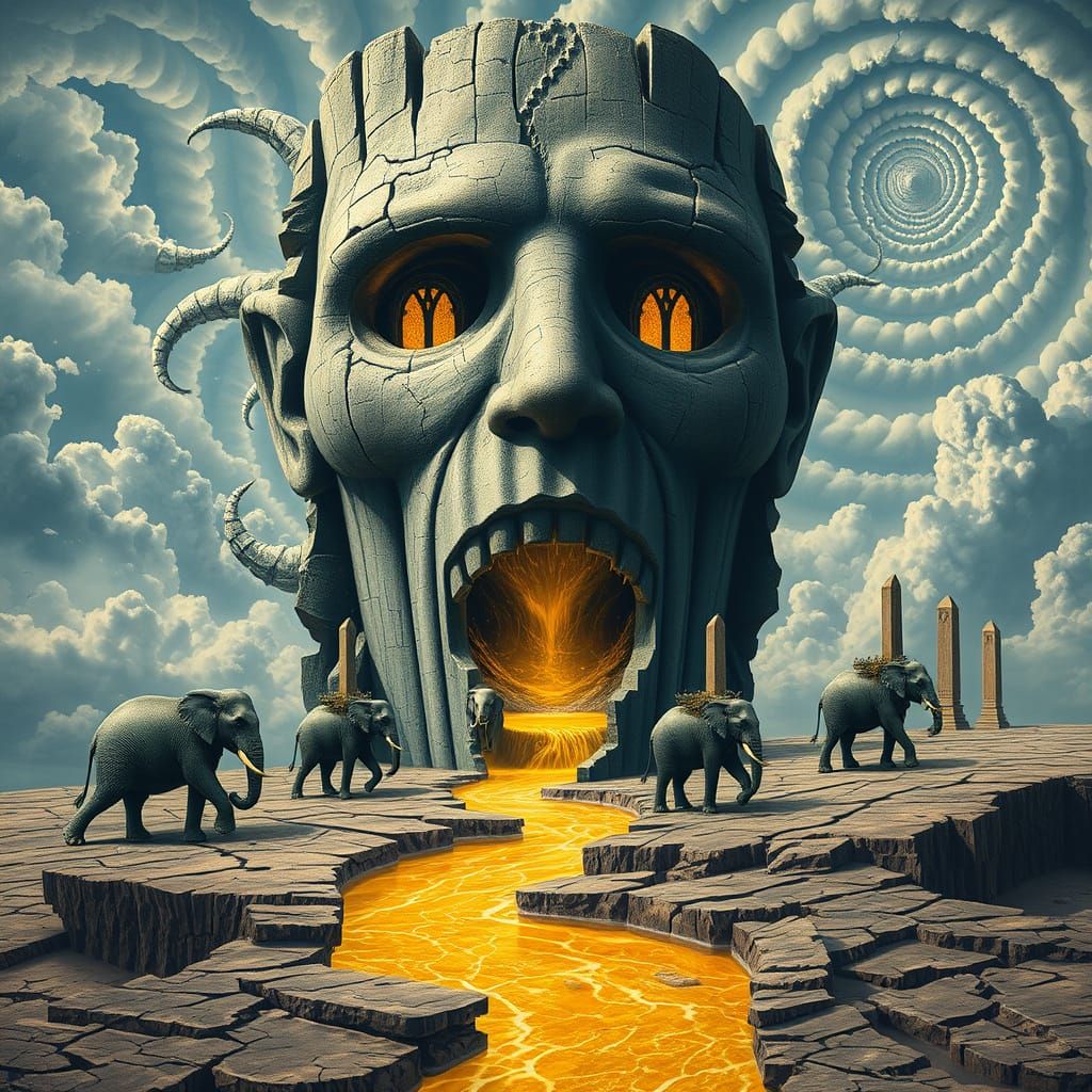 Surreal Stone Face with Golden River