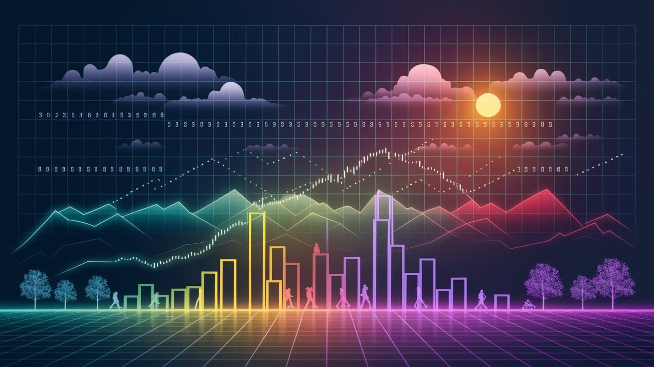 Abstract Stock Market Cityscape in Neon Yellow and Lilac