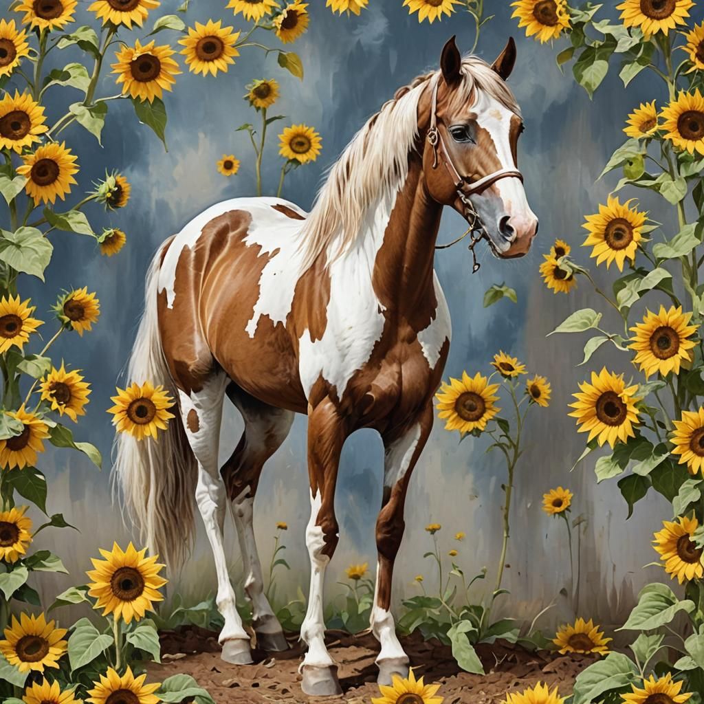 Beautiful Paint Horse with Sunflower Crown