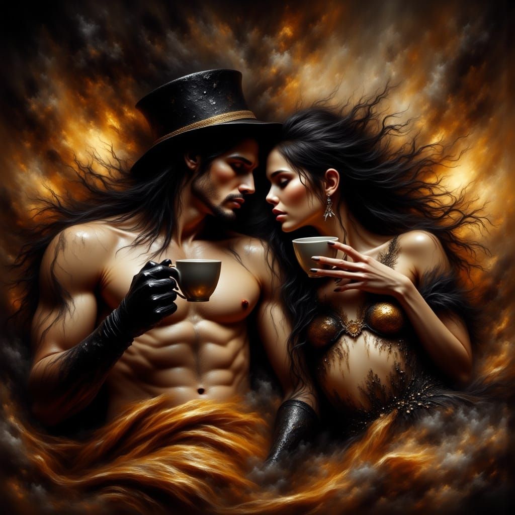 Romantic Kiss in Bed with Coffee, Cinematic Style