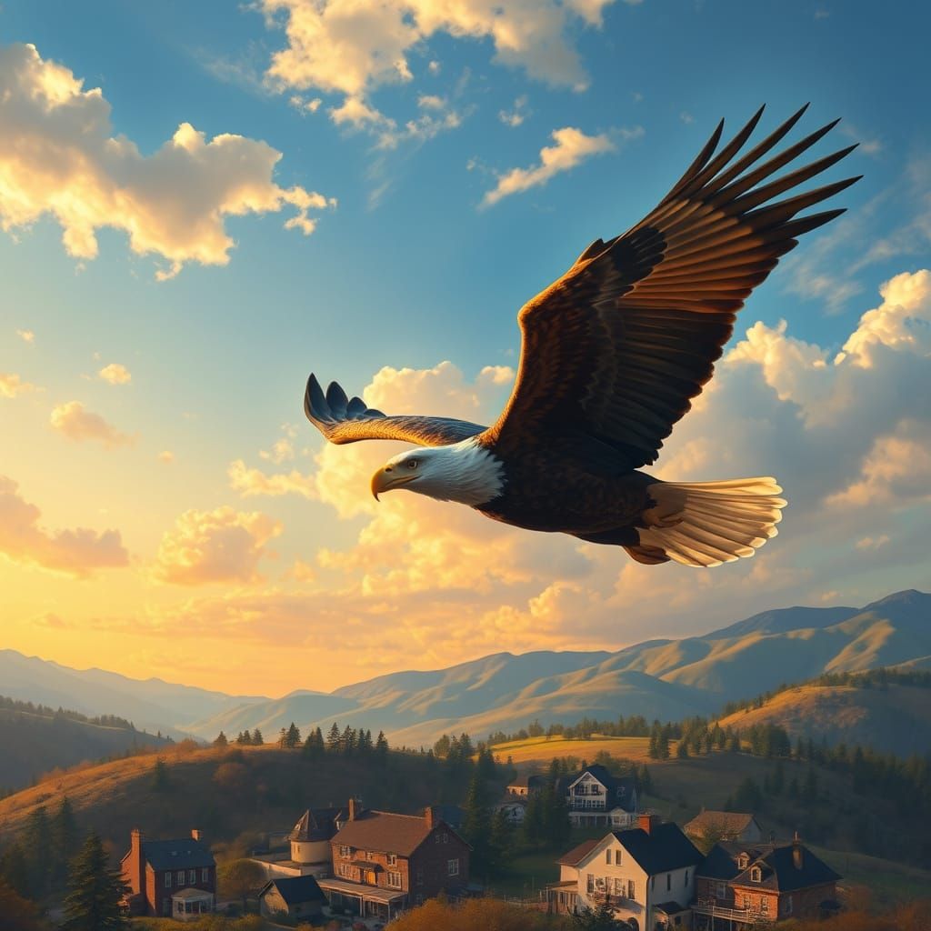 Eagle Soaring Over Quaint Town as Oil Painting