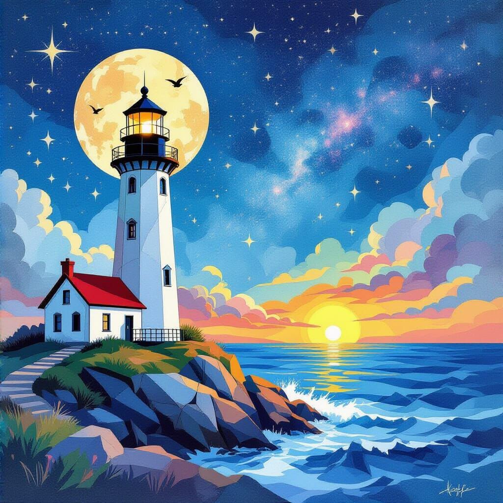 Lighthouse at Night: Ink and Watercolor Illustration