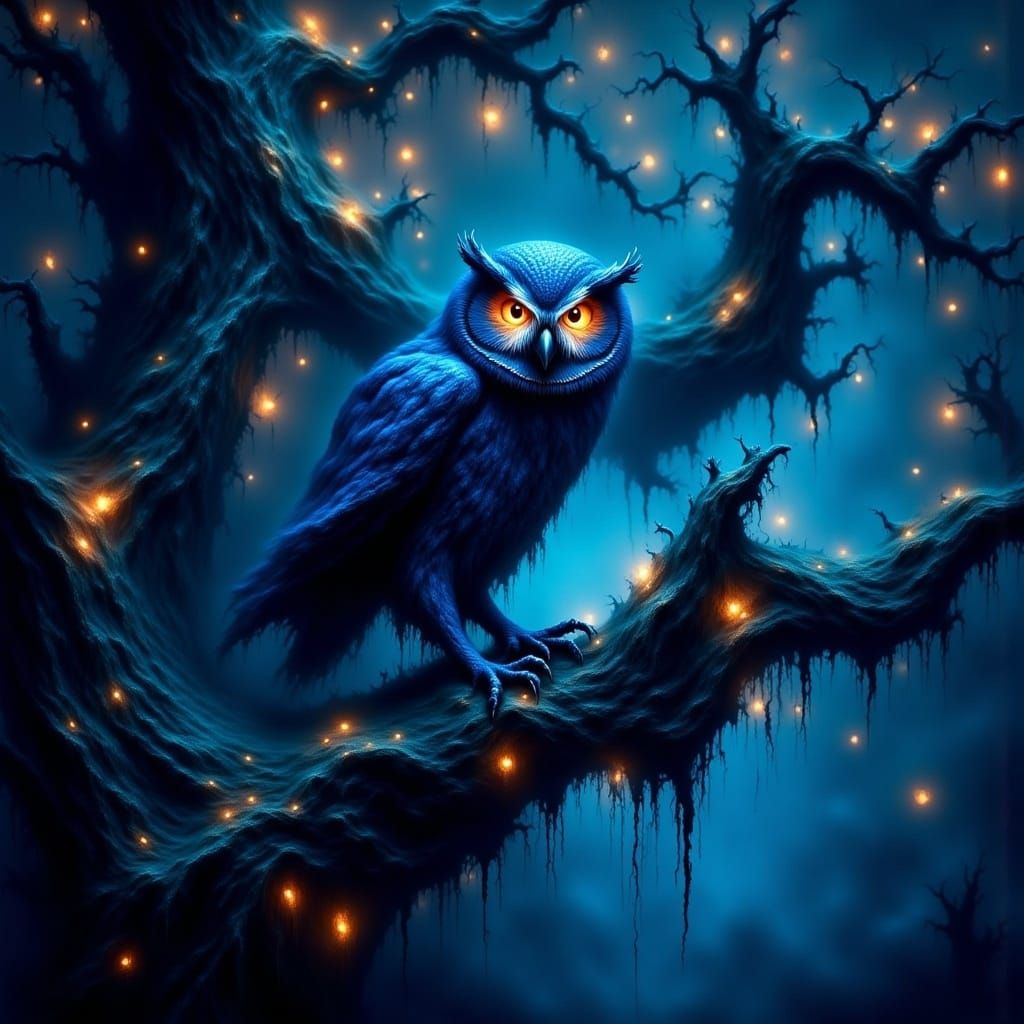 Dark Owl with Glowing Eyes in Fantasy Art Style