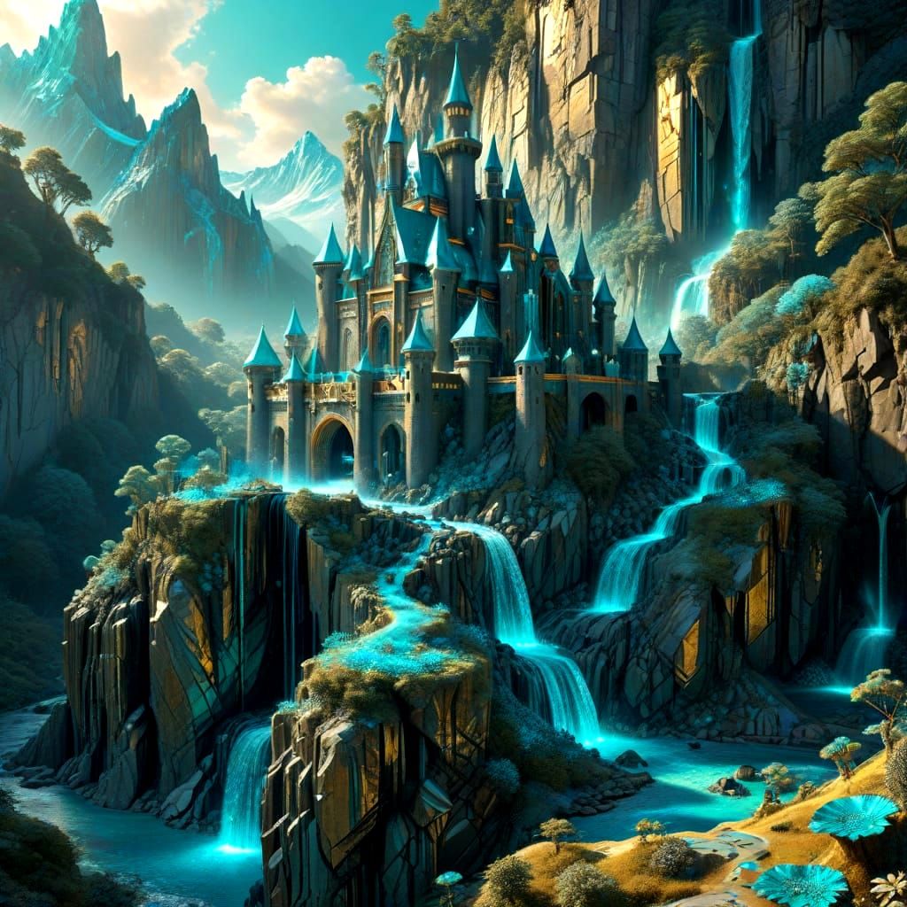 Turquoise Castle in Mountains with Waterfalls