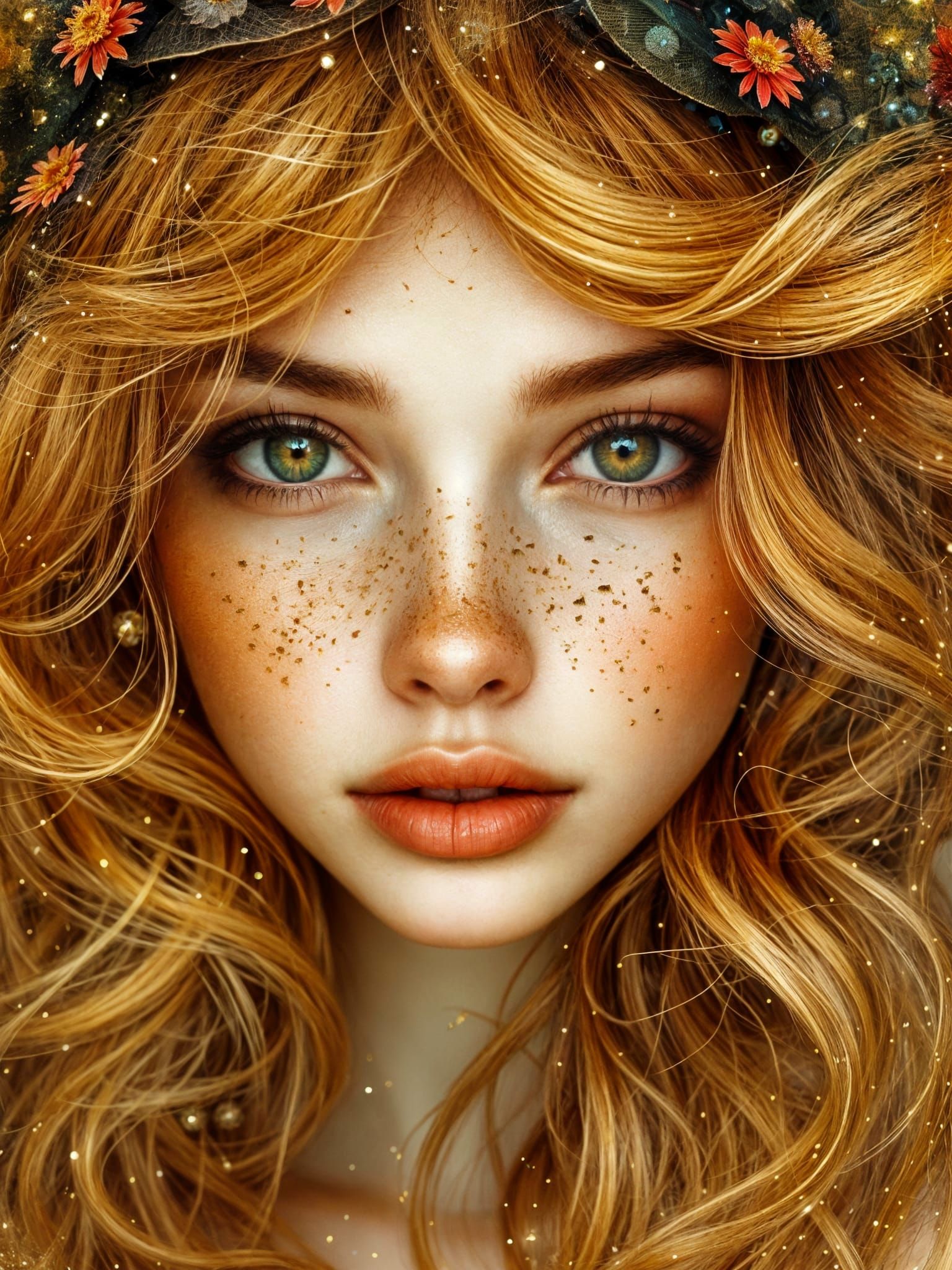 Hyperrealistic Portrait of a Woman with Golden Hair and Mesm...